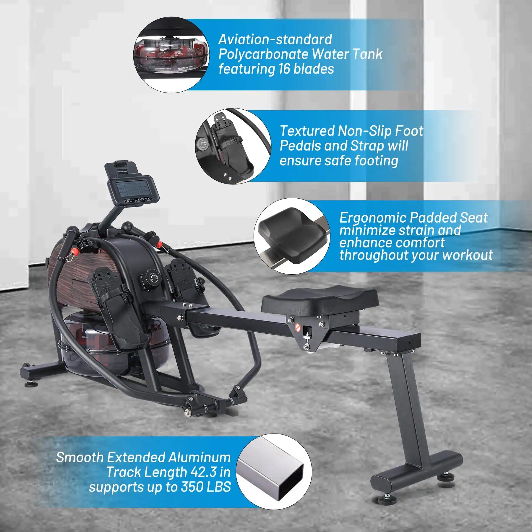 Dual Magnetic & Water Resistance Rowing Machine W Extended Slide, Full-Body Workout, Ergonomic Full Motion - Wood Black